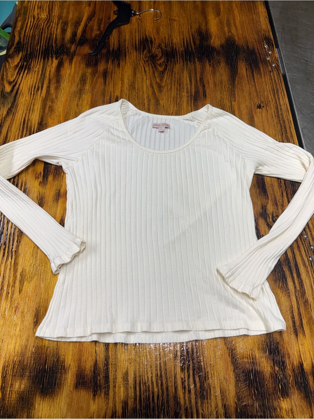 White Ribbed Long-Sleeve Scoop Neck Top by (Unknown Brand)